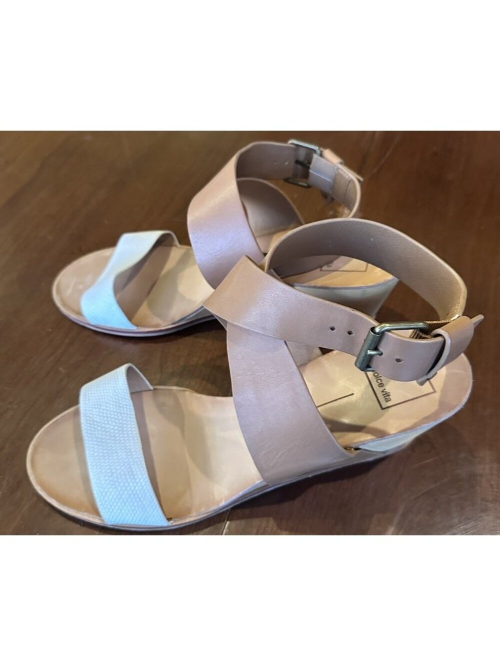 Dolce Vita Wood Platform Wedge Beige White Women's Shoes Size 7/7.5
